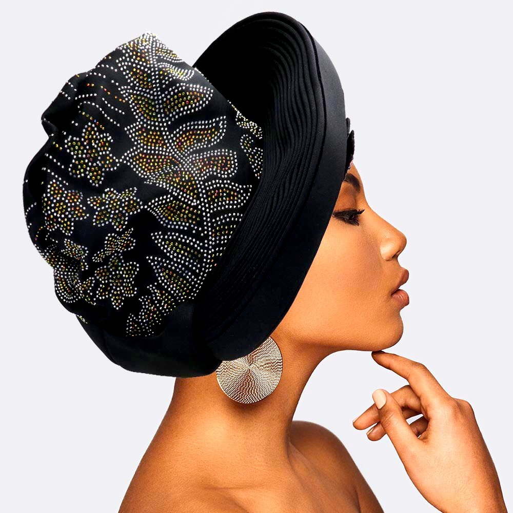 Black Embellished Rhinestones Turban African Hat
